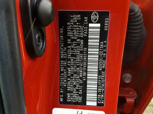 4T1BF1FK9EU803116 - 2014 TOYOTA CAMRY L RED photo 10