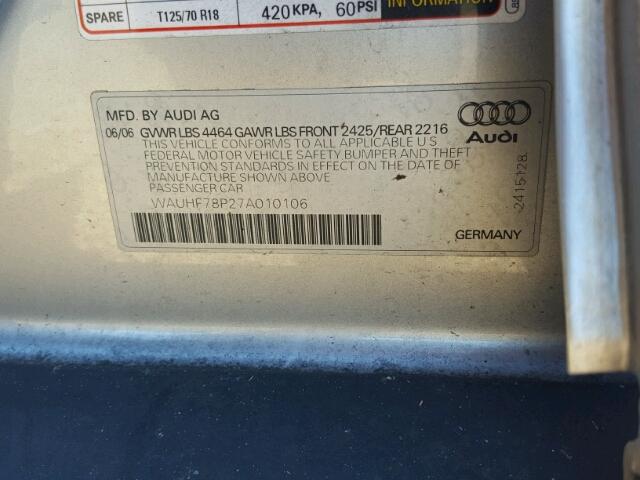 WAUHF78P27A010106 - 2007 AUDI A3 2 SILVER photo 10