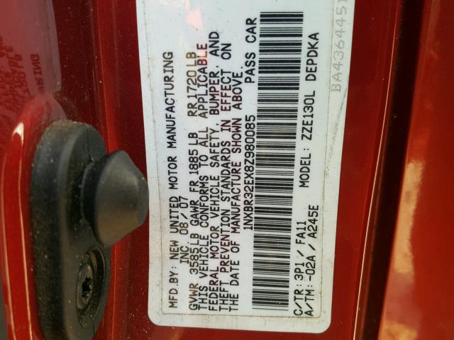 1NXBR32EX8Z980085 - 2008 TOYOTA COROLLA RED photo 10