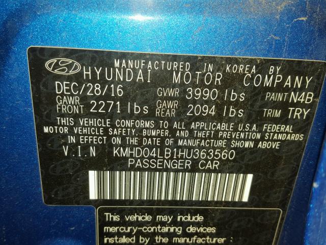 KMHD04LB1HU363560 - 2017 HYUNDAI ELANTRA SP BLUE photo 10