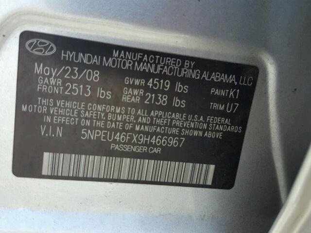 5NPEU46FX9H466967 - 2009 HYUNDAI SONATA SILVER photo 10