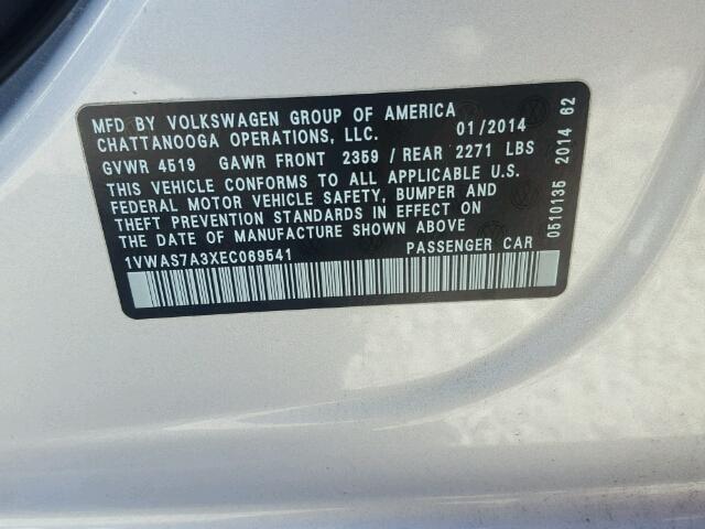 1VWAS7A3XEC069541 - 2014 VOLKSWAGEN PASSAT S ვერცხლისფერი ფოტო 10