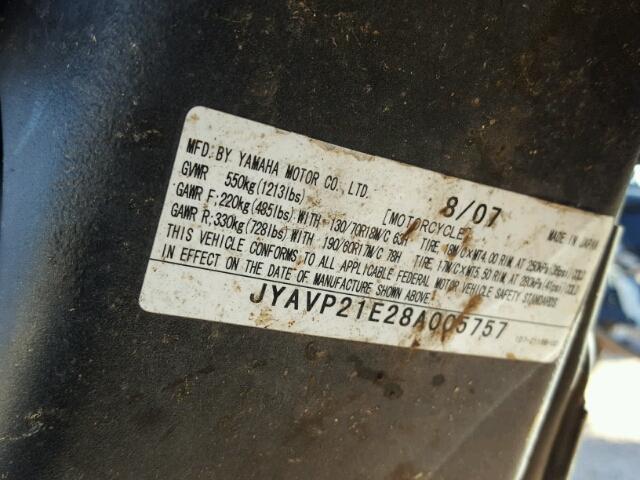 JYAVP21E28A005757 - 2008 YAMAHA XV1900 A BLACK photo 10