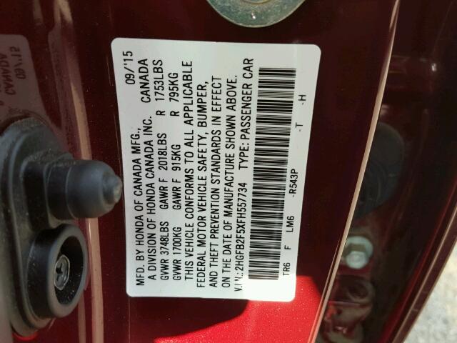 2HGFB2F5XFH557734 - 2015 HONDA CIVIC LX BURGUNDY photo 10