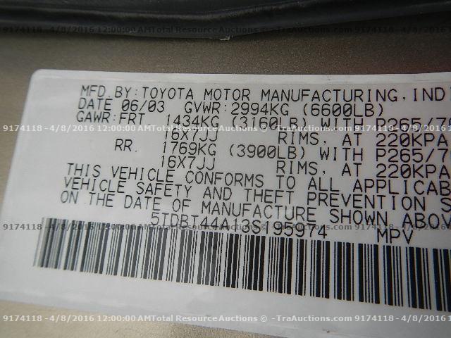 5TDBT44A13S195974 - 2003 TOYOTA SEQUOIA SR GOLD photo 12