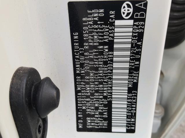 5YFBPRHE3EP007188 - 2014 TOYOTA COROLLA EC 白色 照片 10