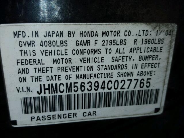 JHMCM56394C027765 - 2004 HONDA ACCORD LX BLACK photo 10