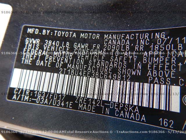 2T1BU4EE3BC649812 - 2011 TOYOTA COROLLA BA GRAY photo 12