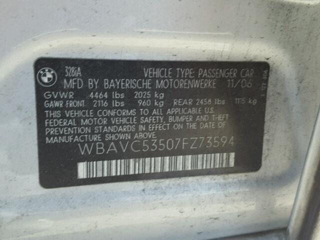 WBAVC53507FZ73594 - 2007 BMW 328 I SULE SILVER photo 10