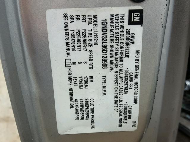 1GNDV33L86D138968 - 2006 CHEVROLET UPLANDER L 银色 照片 10