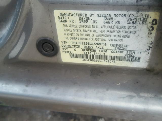 3N1CB51D26L548098 - 2006 NISSAN SENTRA SILVER photo 10