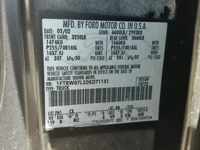 1FTRW07L32KD71151 - 2002 FORD F150 SUPER CHARCOAL photo 10