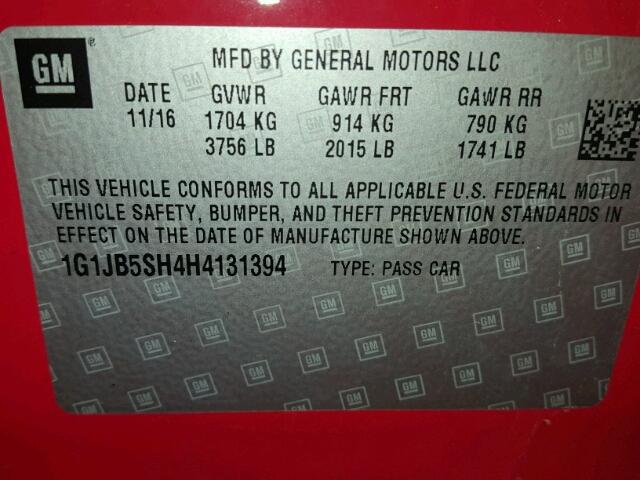 1G1JB5SH4H4131394 - 2017 CHEVROLET SONIC LS 红色 照片 10