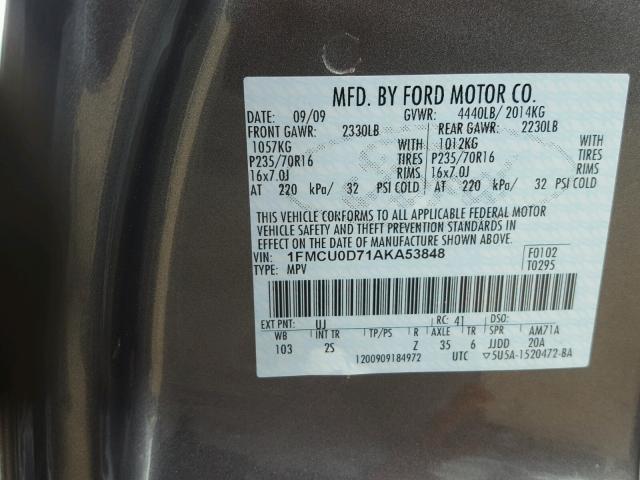 1FMCU0D71AKA53848 - 2010 FORD ESCAPE XLT GRAY photo 10