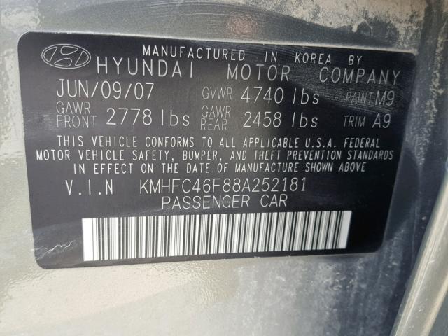 KMHFC46F88A252181 - 2008 HYUNDAI AZERA SE GREEN photo 10