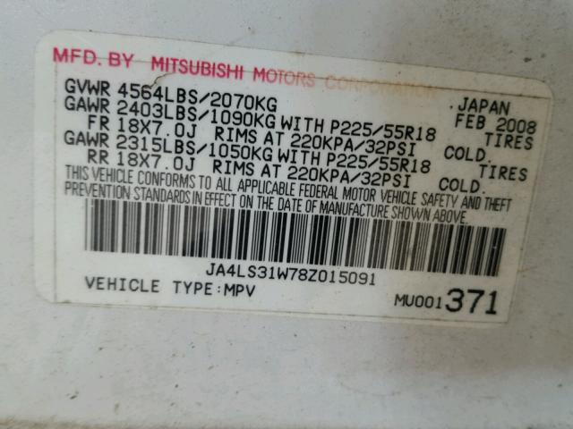 JA4LS31W78Z015091 - 2008 MITSUBISHI OUTLANDER WHITE photo 10