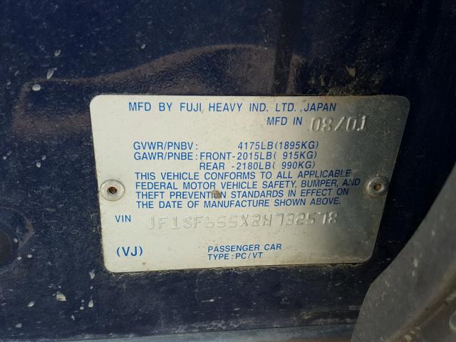 JF1SF655X2H732578 - 2002 SUBARU FORESTER S BLUE photo 10