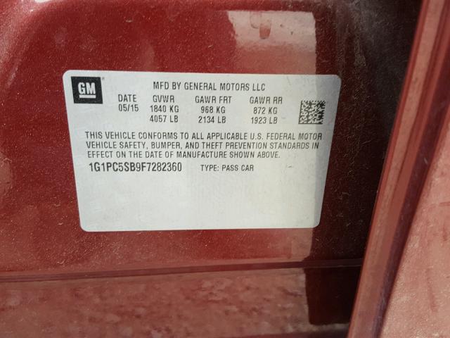 1G1PC5SB9F7282360 - 2015 CHEVROLET CRUZE LT BURGUNDY photo 10