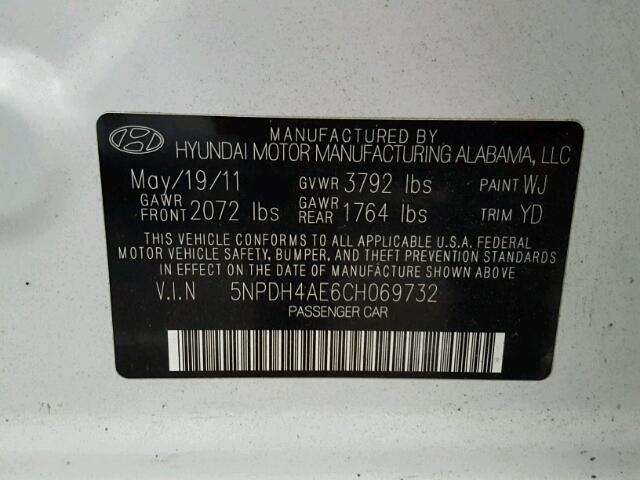 5NPDH4AE6CH069732 - 2012 HYUNDAI ELANTRA WHITE photo 10