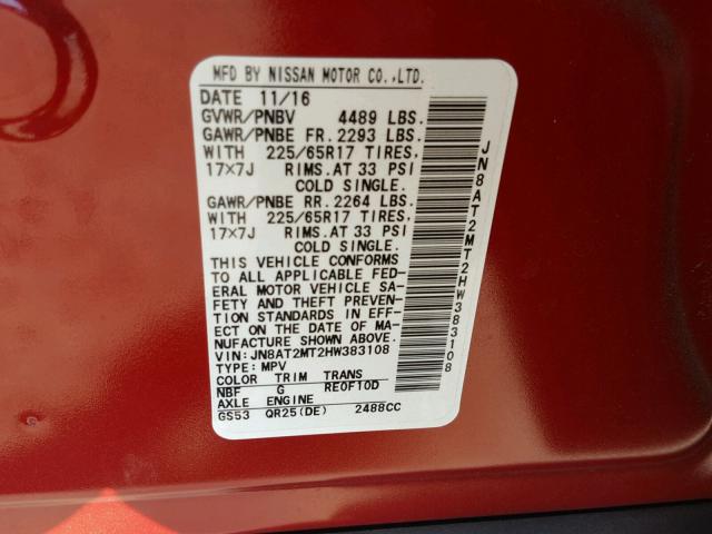 JN8AT2MT2HW383108 - 2017 NISSAN ROGUE RED photo 10