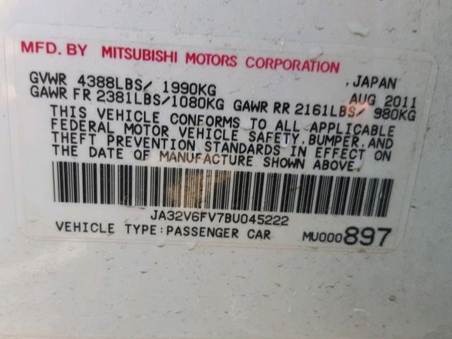 JA32V6FV7BU045222 - 2011 MITSUBISHI LANCER RAL WHITE photo 10