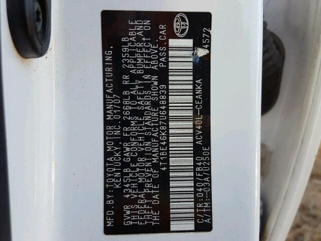 4T1BE46K87U648839 - 2007 TOYOTA CAMRY NEW WHITE photo 10