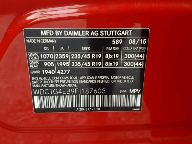 WDCTG4EB9FJ187603 - 2015 MERCEDES-BENZ GLA 250 RED photo 10