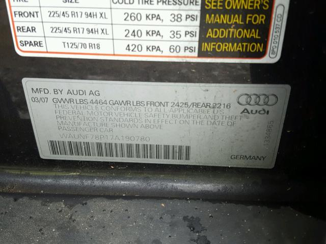 WAUNF78P17A190780 - 2007 AUDI A3 2.0 PRE BLACK photo 10