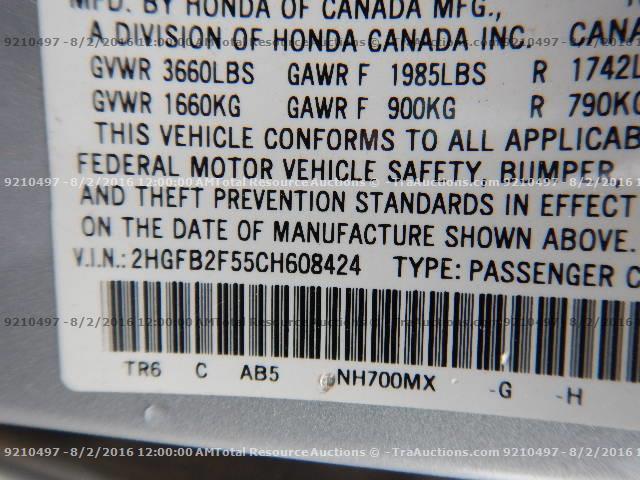 2HGFB2F55CH608424 - 2012 HONDA CIVIC LX SILVER photo 12