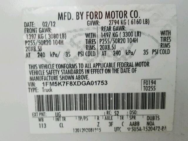 1FM5K7F8XDGA01753 - 2013 FORD EXPLORER L WHITE photo 10