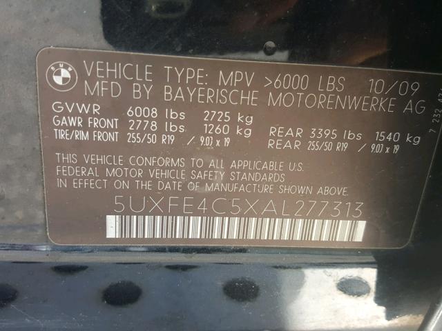 5UXFE4C5XAL277313 - 2010 BMW X5 XDRIVE3 BLACK photo 10