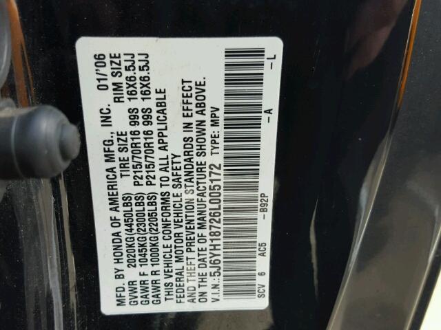 5J6YH18726L005172 - 2006 HONDA ELEMENT BLACK photo 10