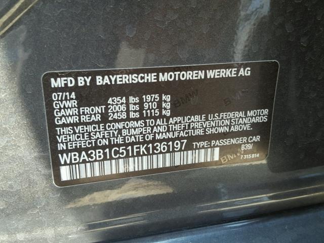 WBA3B1C51FK136197 - 2015 BMW 320 I CHARCOAL photo 10