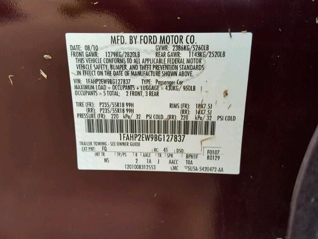 1FAHP2EW9BG127837 - 2011 FORD TAURUS MAROON photo 10