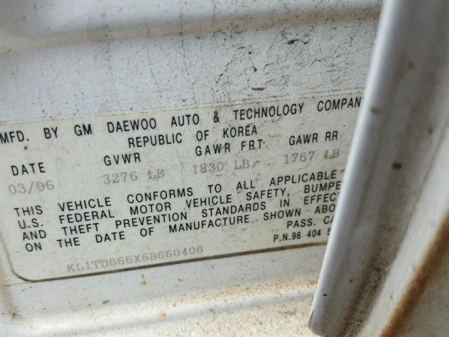 KL1TD666X6B660406 - 2006 CHEVROLET AVEO BASE Ақ фото 10