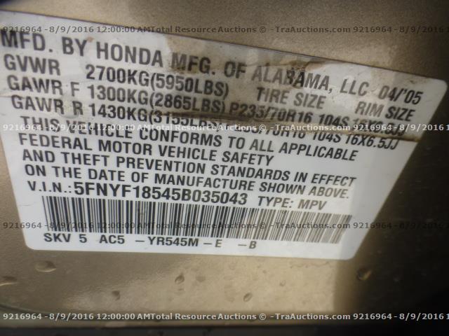 5FNYF18545B035043 - 2005 HONDA PILOT EXL GOLD photo 12