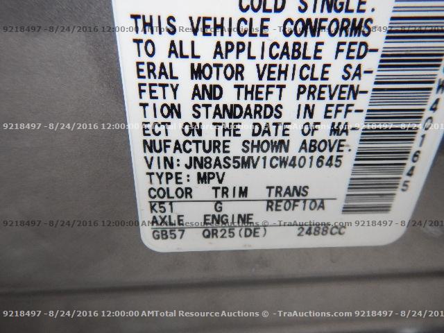 JN8AS5MV1CW401645 - 2012 NISSAN ROGUE S/SV GRAY photo 12