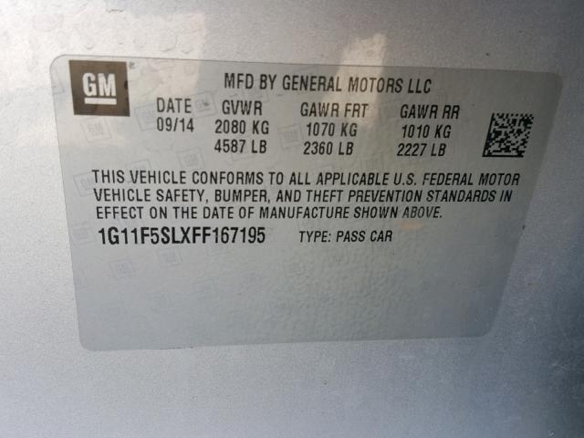 1G11F5SLXFF167195 - 2015 CHEVROLET MALIBU LTZ 银色 照片 10