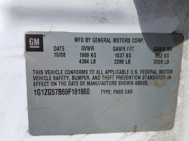 1G1ZG57B69F181860 - 2009 CHEVROLET MALIBU LS WHITE photo 10