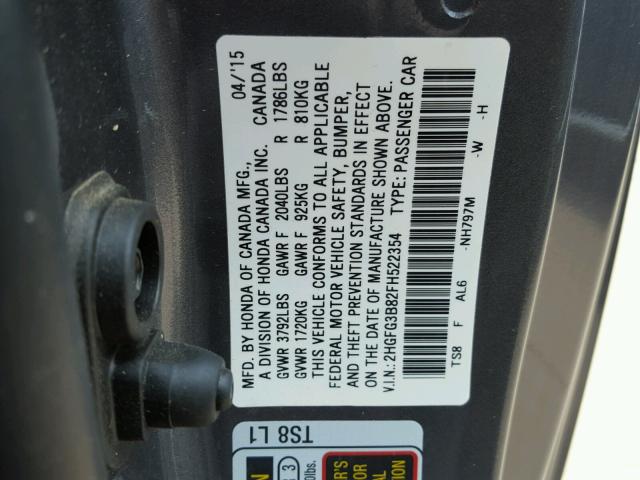 2HGFG3B82FH522354 - 2015 HONDA CIVIC EX ნაცრისფერი ფოტო 10