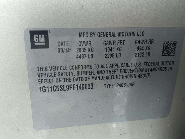 1G11C5SL9FF149053 - 2015 CHEVROLET MALIBU 1LT ვერცხლისფერი ფოტო 10