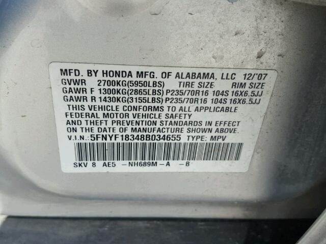 5FNYF18348B034655 - 2008 HONDA PILOT SE SILVER photo 10