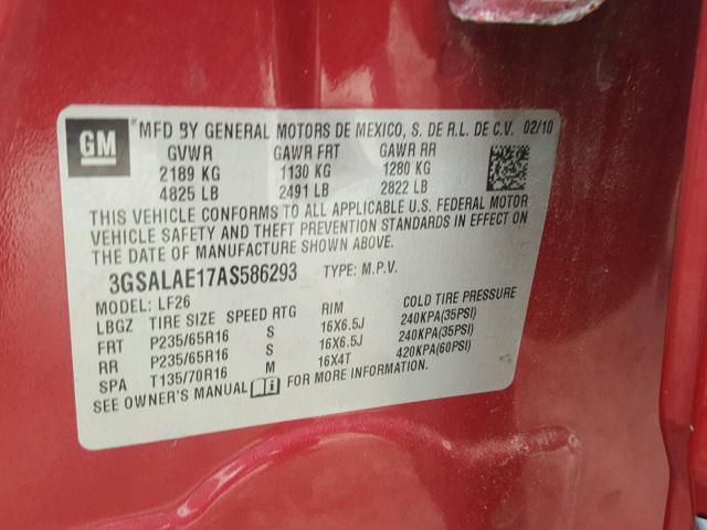 3GSALAE17AS586293 - 2010 SATURN VUE XE RED photo 10