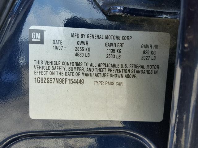 1G8ZS57N98F154449 - 2008 SATURN AURA XE BLUE photo 10