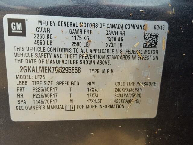 2GKALMEK7G6295858 - 2016 GMC TERRAIN SL GRAY photo 10