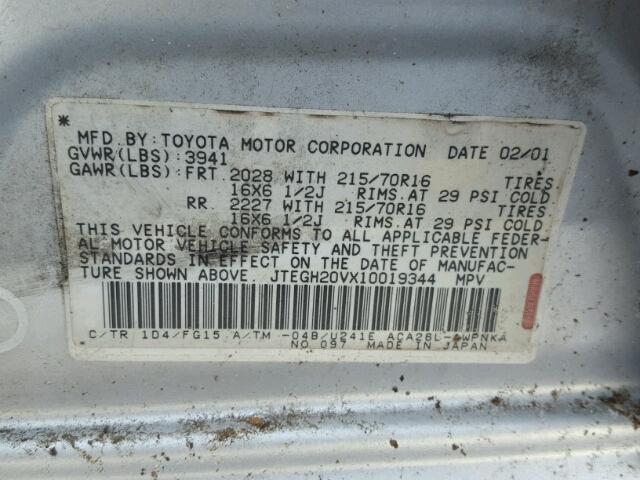 JTEGH20VX10019344 - 2001 TOYOTA RAV4 SILVER photo 10