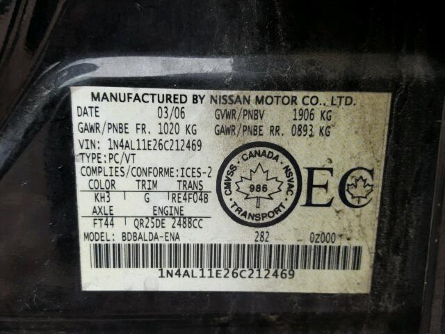 1N4AL11E26C212469 - 2006 NISSAN ALTIMA BLACK photo 10