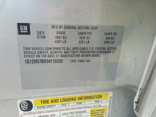 1G1ZH57BX94113330 - 2009 CHEVROLET MALIBU 1LT SILVER photo 10