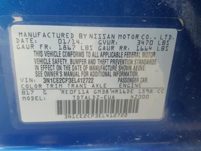 3N1CE2CP3EL412722 - 2014 NISSAN VERSA NOTE BLUE photo 10