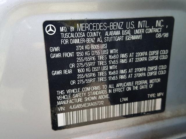 4JGAB54E3XA057312 - 1999 MERCEDES-BENZ ML 320 WHITE photo 10